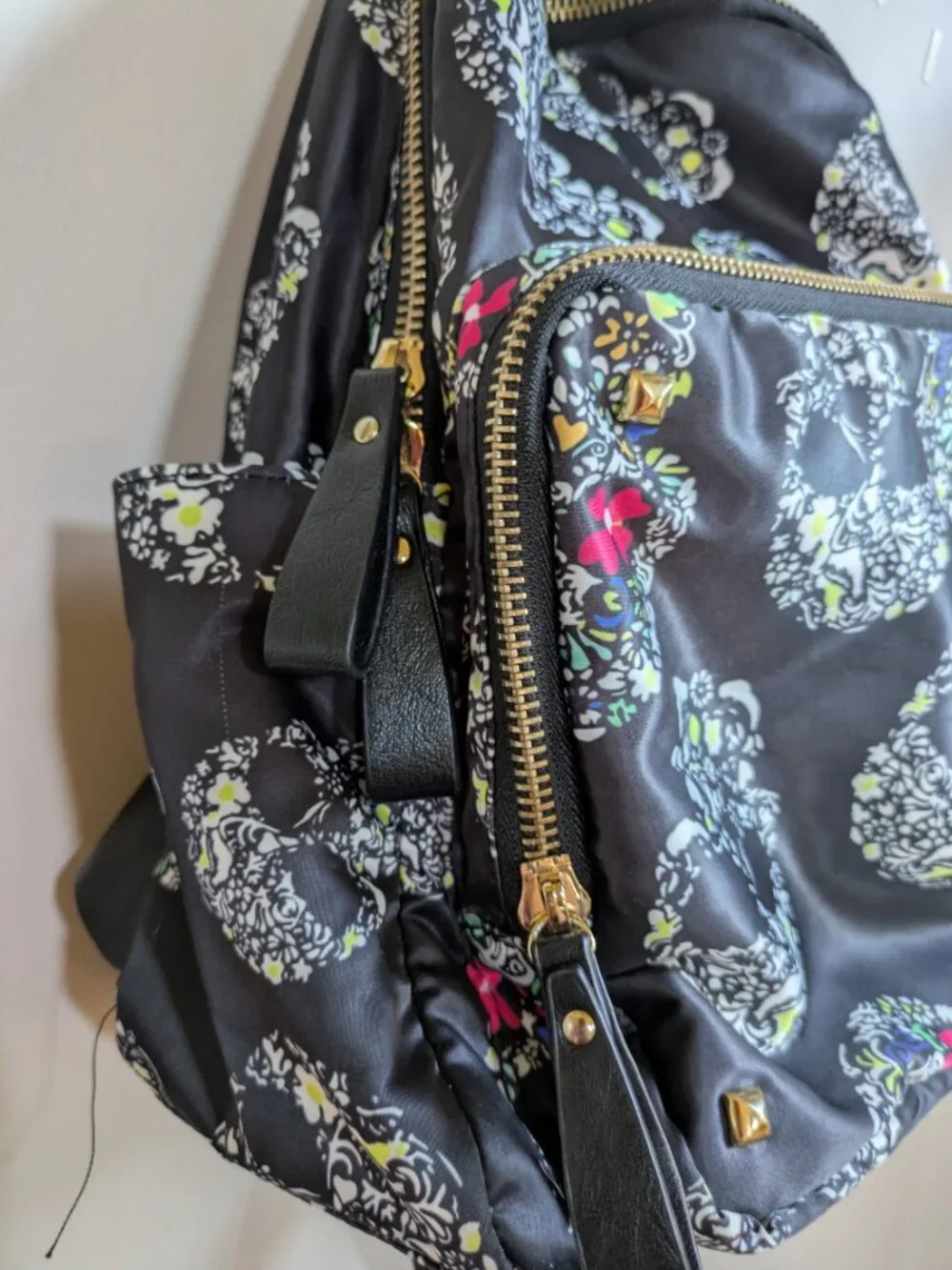 MMS Design Studio Sugar Skull Backpack Black Floral Satin Edgy Gothic #261